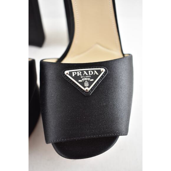 Prada 135mm Black Satin Logo Platform Sandal Ankle Strap Block Heel Pump 41.5 - Picture 8 of 14